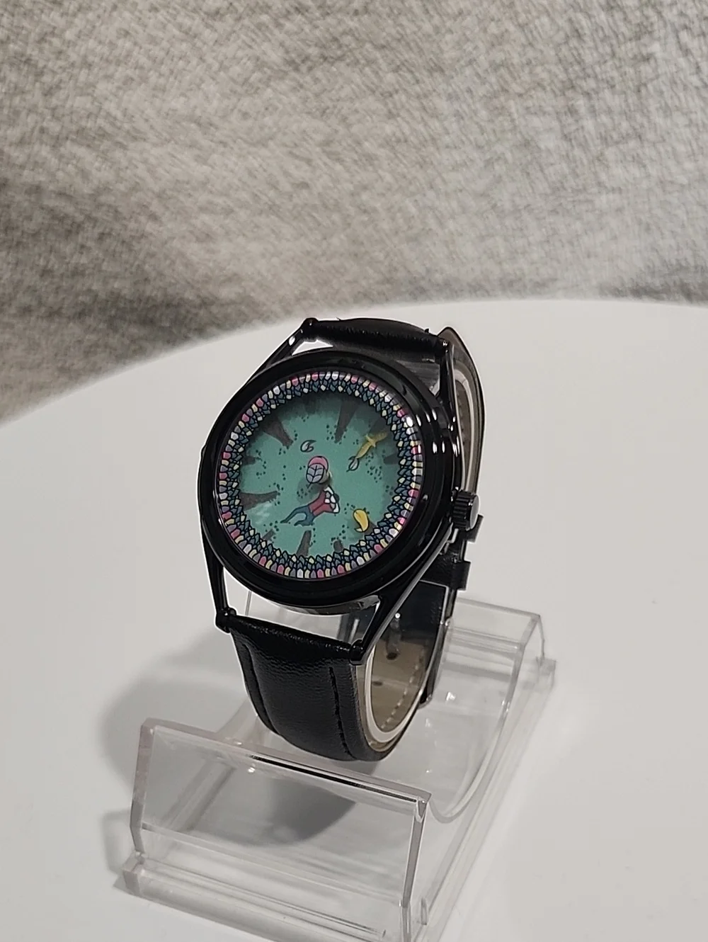 36mm Steel Quartz Creative Art Forest Dial Watch - Black Leather Strap
